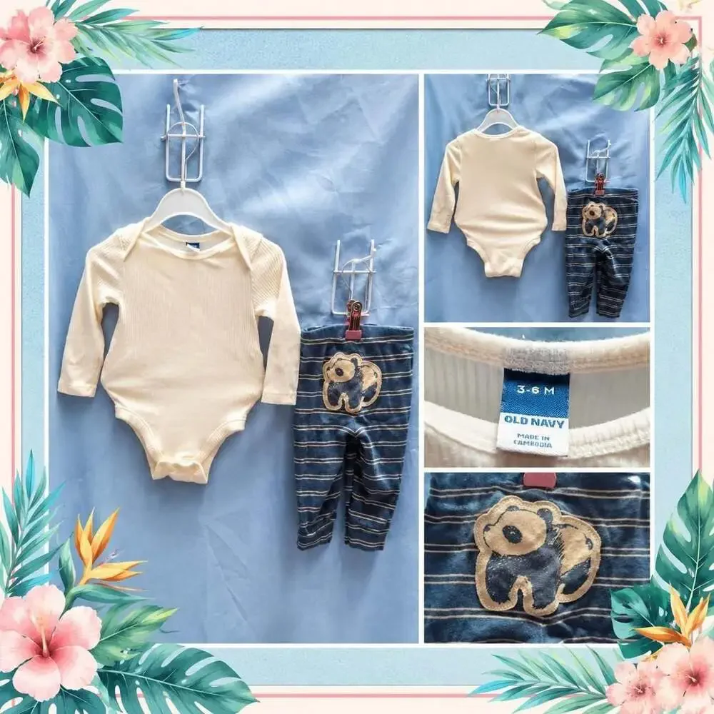 Old Navy Baby 2-Piece Set Cream Ribbed Onesie and Striped Panda Pants
